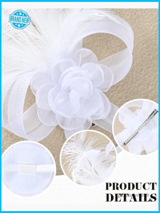 5 Pc Feather Fascinator Set with Gloves Pearl Necklace Bracelet Earrings Derby main image 4